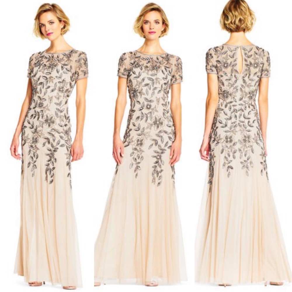 Adrianna papell Floral Beaded Godet Gown with Sheer Short Sleeves - Picture 6 of 16